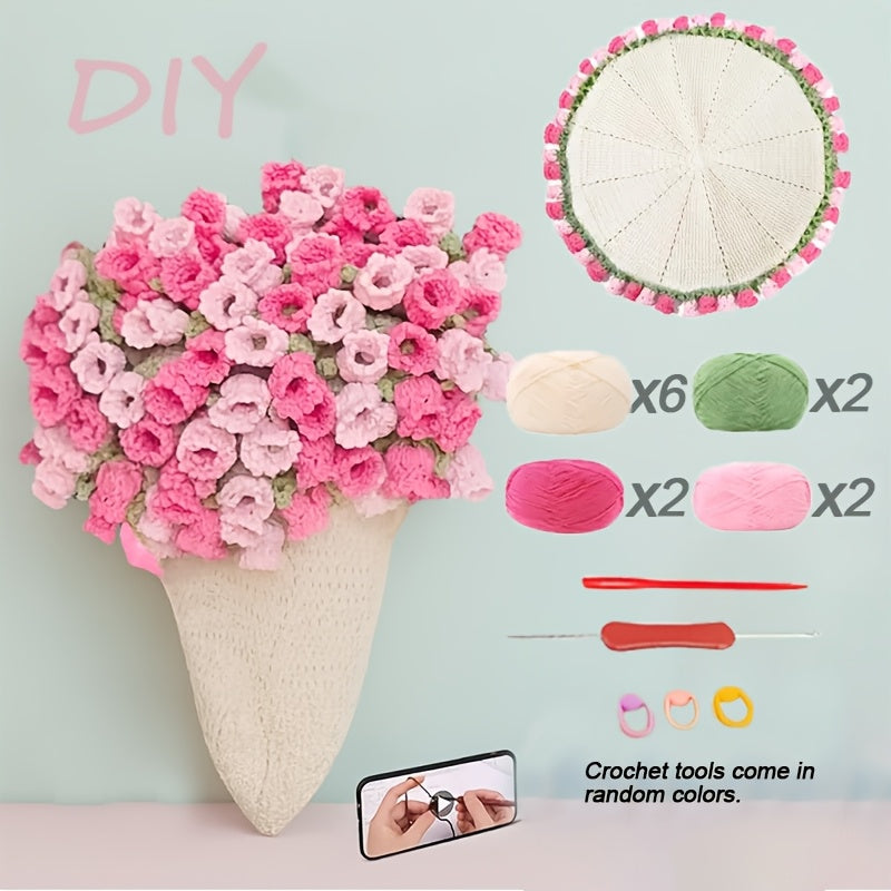 Complete DIY Crochet Flowers Bouquet Blanket Kit - 43-Inch Round Handmade Yarn Throw with 12 Yarn Balls, Crochet Hook & Tools for Beginners, Adults - All-Season Soft Knitting Craft (Pink/Red/Green) - Cozy Handmade Gift