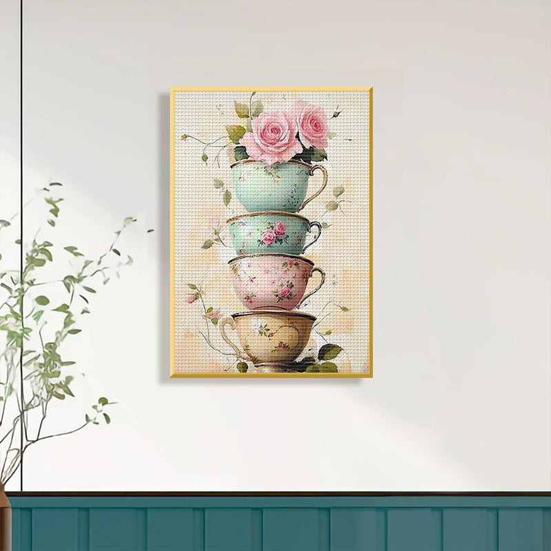 DIY Floral Teacup Cross Stitch Kit - 13, 8"x17, 7" Frameless Fabric, 11CT Printed Design with Pink Roses & Green Leaves, Perfect for Home Wall Decor, Mother'S Day Gift, Includes Eco-Cotton Thread, Home Decor Craft|Floral Patt