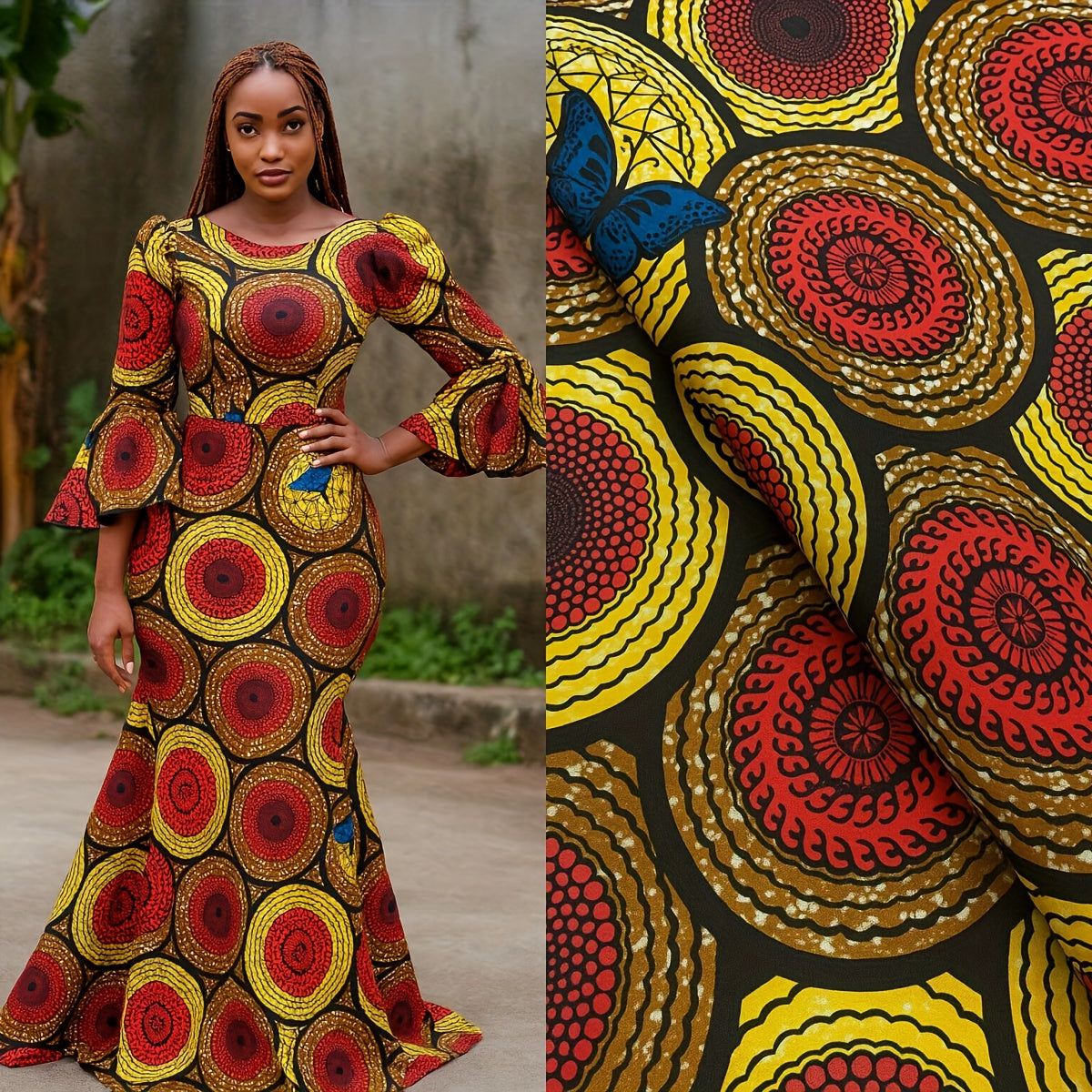 1pc 6Yards African Wax Fabric Newest Design Polyester Nigeria Tissue Batik Wax Fabric for Women Ethnic Dresses Cloth Sewing Materials, Handmade Clothing, Traditional Wear, Cultural Textile, Geometric Pattern, Durable Material
