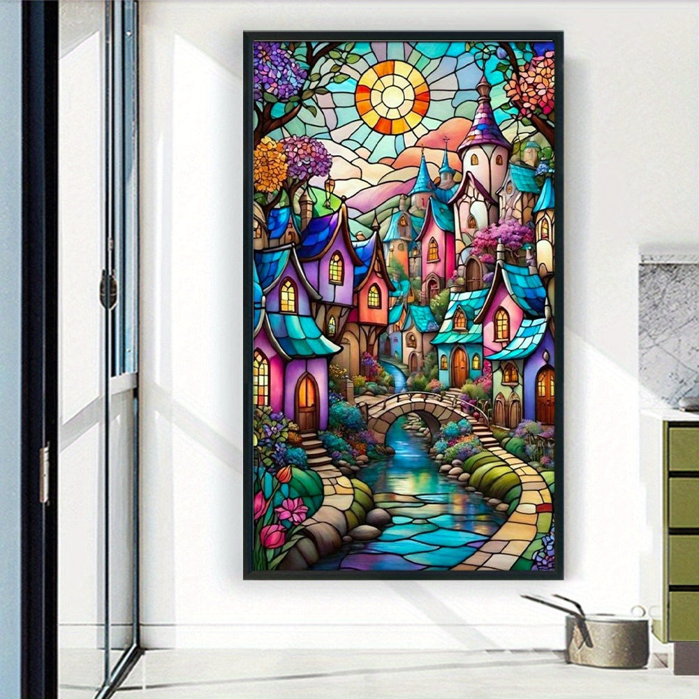 Stamped Cross Stitch Kits for Adults, Stained Glass House Embroidery Kits for Beginners, 11CT Patterns, Counted Embroidery Needlepoint Kits Home Decor, 15.7 x 27.5 inch