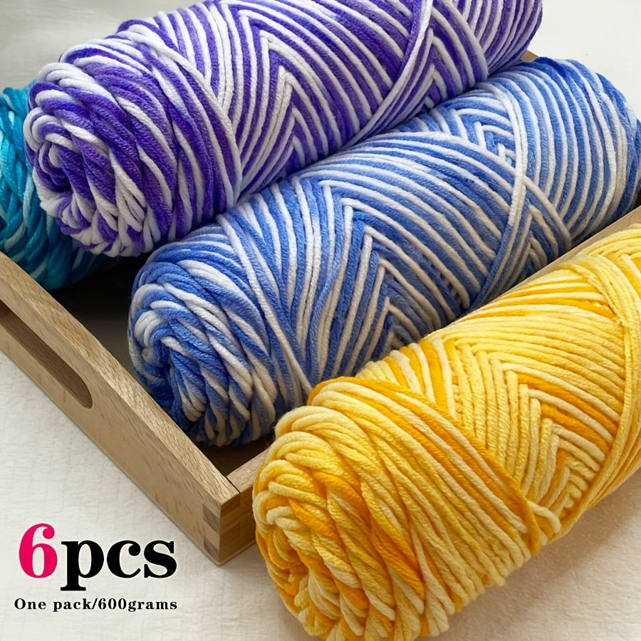 6pcs Multicolor Ombre Yarn Set | Soft Comfortable Self-Striping Acrylic Yarn for Knitting and Crochet, Ideal for Sweaters, Scarves, Hats, Gloves, Blankets, Handbags, Slippers - 600g Medium Weight