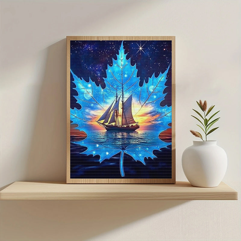 DIY Landscape Cross Stitch Kit - 1pc, 13.8x17.7in, Frameless, 11CT Printed Fabric, Includes Eco-Cotton Threads, Ideal for Home Wall Decor, Perfect Mother'S Day Gift, Featuring Sailboat and Starry Night Design, Home Decor Craf