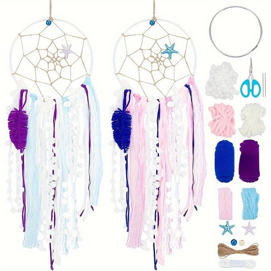 2 Sets Pompom Dreamcatcher Kit Macrame Dream Catcher Handwoven Dream Catchers for Bedroom 2 Color Dream Catcher Making Kit Instructions Include for Bedroom Decor Wall Hanging Weaving kit