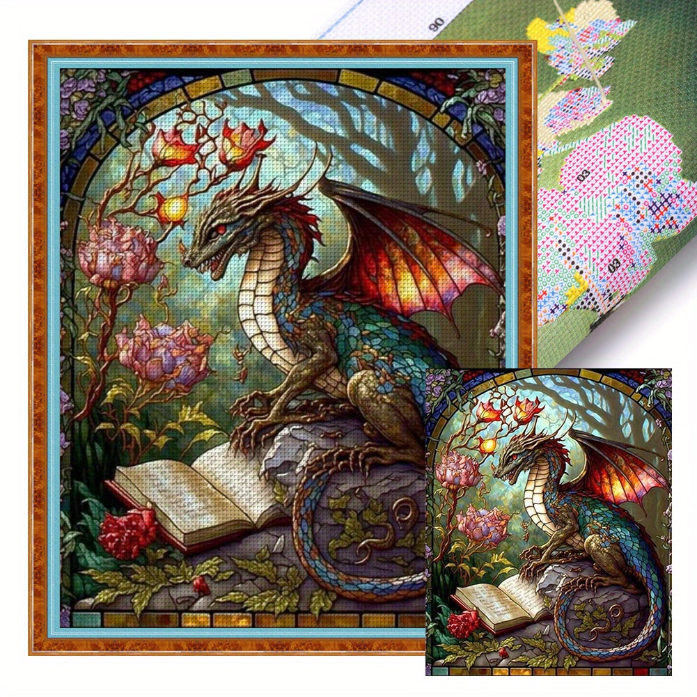 DIY Stained Glass Style Reading Pterodactyl Cross Stitch Kit - 14CT Stamped Animal Series, 17.72x21.65inch, Includes Tools & Threads, Instructions, All-Season Craft Project for Home Decor, Perfect Gift for Craft Lovers & Art