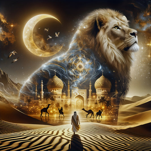 JOZYSH 11CT/14CT Lion & Desert Tapestry Cross Stitch Kit - 15.7x15.7in/19.7x19.7in, No Frame, Printed Fabric with Golden Lion, Camels, Mosque, and Moon Design, Perfect for Beginners, Adult Relaxation DIY, Christmas Gift, Wall