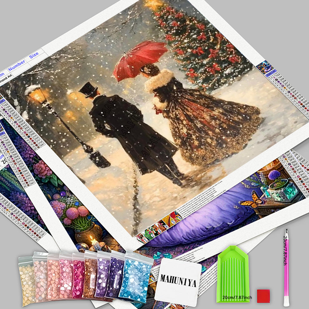 MAHUNIYA NEW 5D Diamond Painting Kit for Adults - Victorian Winter Couple & Christmas Tree Scene with Red Umbrella, Snowy Oil Painting Art, Frameless Full Drill Round Diamonds, 40x40cm/15.75x15.75in Victorian DIY Craft, Holid