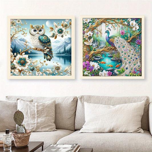 2pcs Extra Large 45x45cm (17.7x17.7in) Cross Stitch Kits with Pre-Printed Numbered Fabric - All-in-One DIY Embroidery Set with Color-Coded Threads & Needles for Owl, Peacock, Floral & Bird Patterns - Complete Step-by-Step Ins