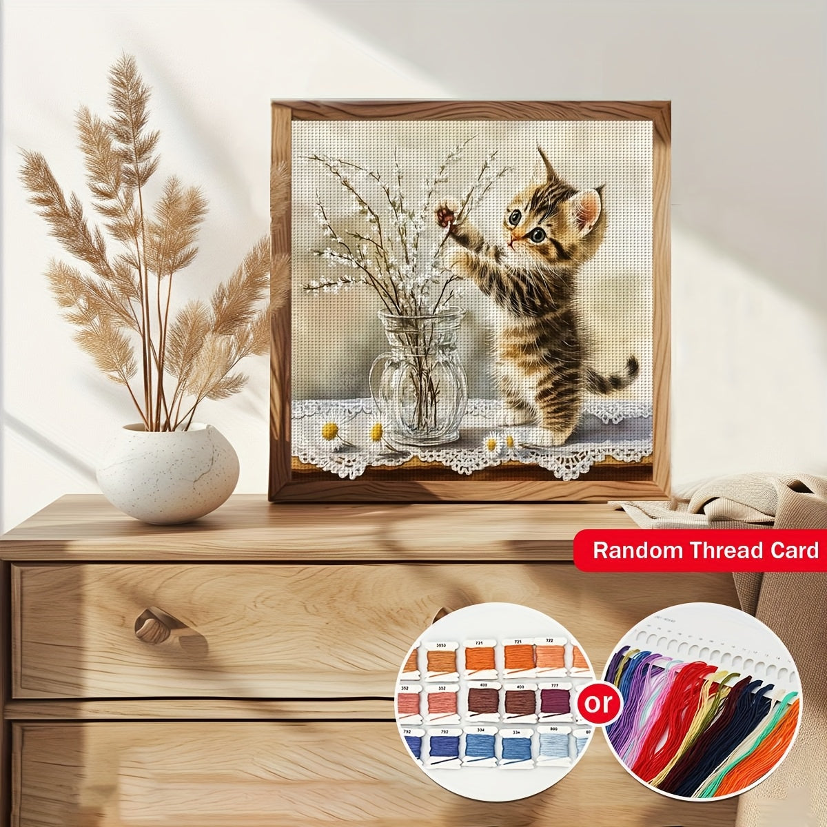 JOZYSH DIY Cross Stitch Kit - 11x11 Inch/30x30cm - Playful Kitten with Flower Vase Design, Fabric Embroidery Pattern for Home Decor, Includes Printed Image, Embroidery Fabric, Threads, Needle & Instructions, Ideal Christmas G