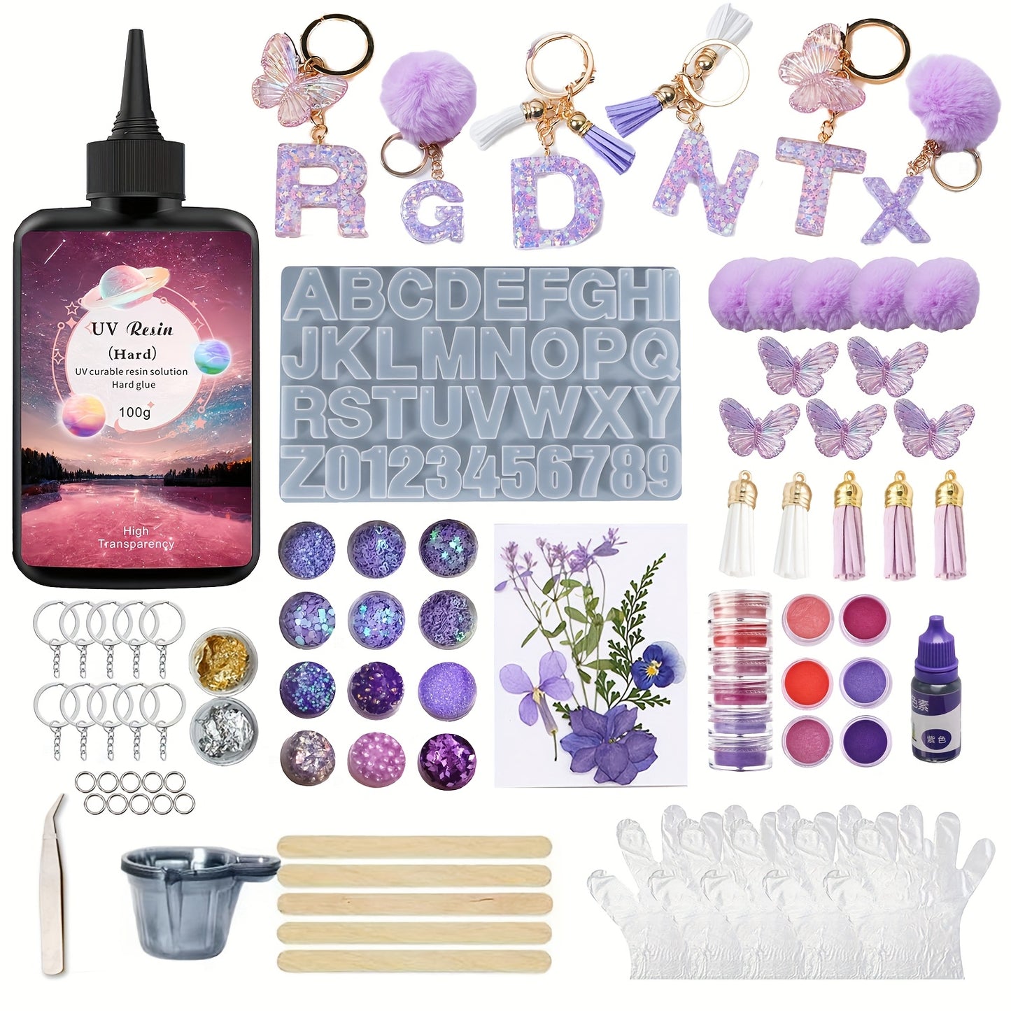 UV Resin Jewelry Making Kit for Beginners - 100g Clear Fast-Curing Resin with Silicone Molds & Dried Flowers | All-in-One Starter Pack (Measuring Cups, Gloves, Stir Sticks) | DIY Necklace Keychain Earrings Craft Supplies |Bub