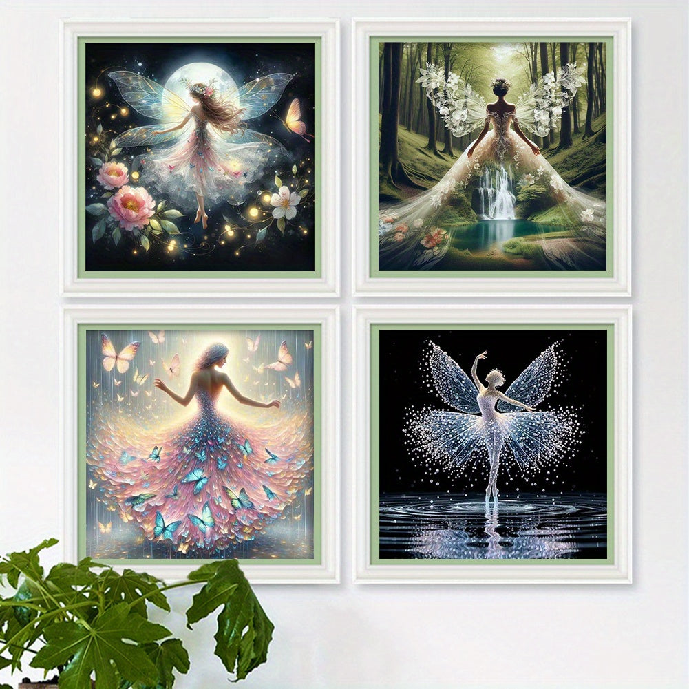 4pcs 11CT Butterfly Fairy Cross Stitch Kits with Pre-Printed Fabric & Threads - 4 Unique Fairy Designs (Moonlight, Forest, Waterfall, Dance) - Complete DIY Needlecraft Set for Wall Art, Housewarming & Holiday Gifts for Adults