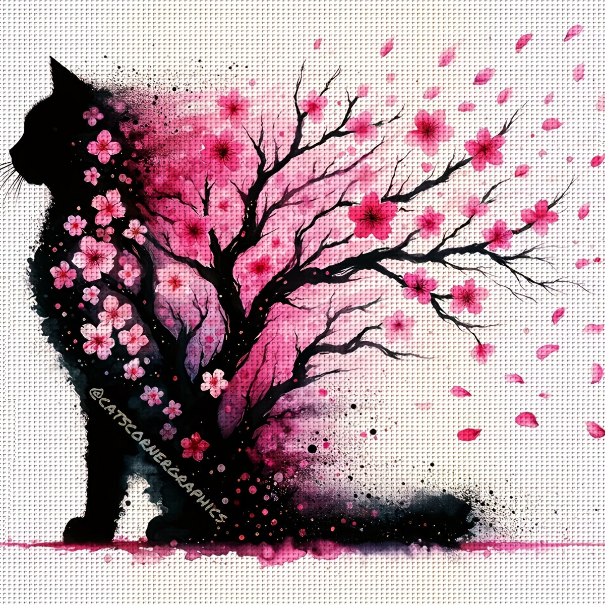 1pc JOZYSH 40x40cm/15.7x15.7" Black Cat & Pink Cherry Blossom Cross Stitch DIY Kit - Easy Beginner Project with Printed Canvas, Needle, Thread, Pattern, and Instructions - Perfect for Home & Office Decor, Ideal Gift for Frien