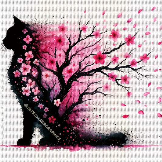 1pc JOZYSH 40x40cm/15.7x15.7" Black Cat & Pink Cherry Blossom Cross Stitch DIY Kit - Easy Beginner Project with Printed Canvas, Needle, Thread, Pattern, and Instructions - Perfect for Home & Office Decor, Ideal Gift for Frien