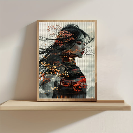 1pc Elegant Woman with Cherry Blossom Hair Design 11x15.7" DIY Cross Stitch Kit - Includes Canvas, Threads, Needle, Patterns & Instructions - Perfect for Beginners, Ideal for Home & Office Decor, Gift for Friends & Family, Re