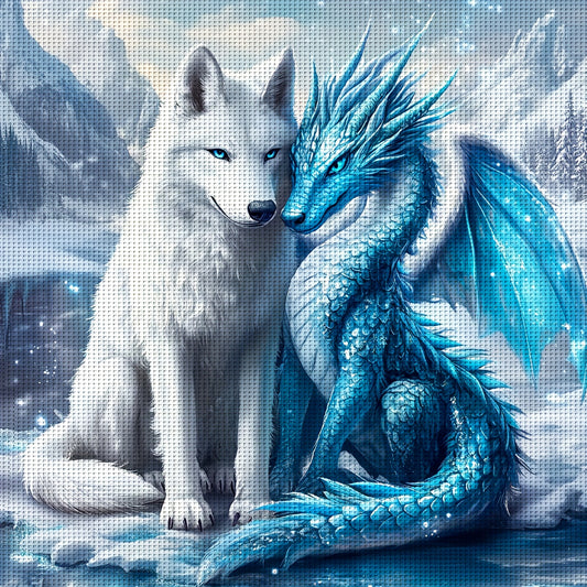 JOZYSH 1pc 30x30cm/11.8x11.8in Ice Dragon & White Wolf Cross Stitch DIY Kit - 11CT/14CT, All-Season Animal-Themed Fabric Wall Art for Bedroom, Living Room, Perfect Gift with Printed Canvas, Needle, Thread, Pattern, and Instru