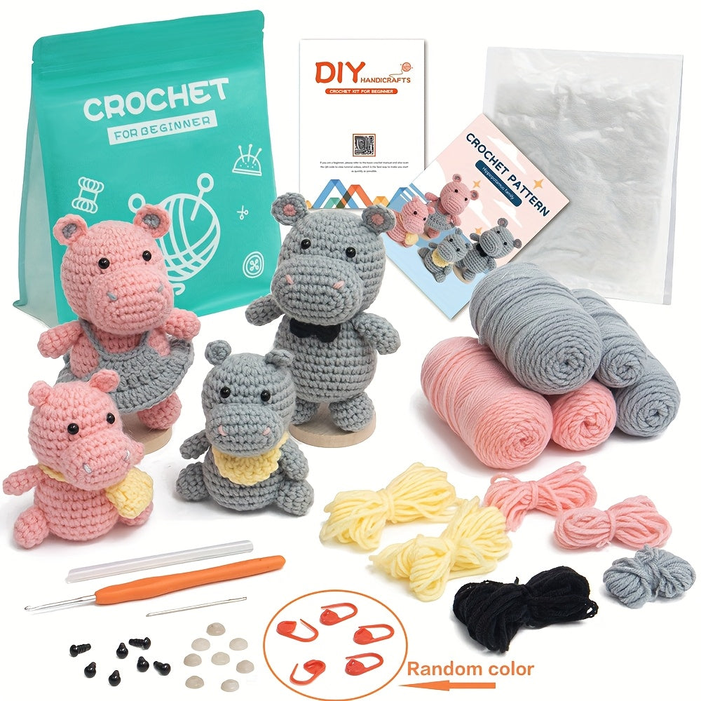 Crochet Kit for Making a Hippo Family - Handcrafted Hook Knitting Materials Kit with Colorful Crochet Yarn, Instructions, Crochet Hook, and Patterns - Perfect for Beginners &, Craft Kit|Playful Design|Detailed Instructions, C