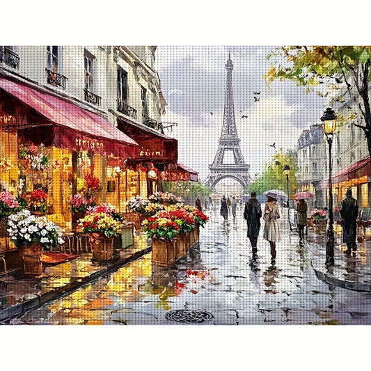 JOZYSH 1pc Parisian Street Scene Cross Stitch Kit - 11.81x15.75inch, No Frame, Ideal for Beginners, Includes Canvas, Needle, Thread, Pattern, and Instructions, Perfect Gift for Friends, Home & Office Wall Decor, All Seasons D