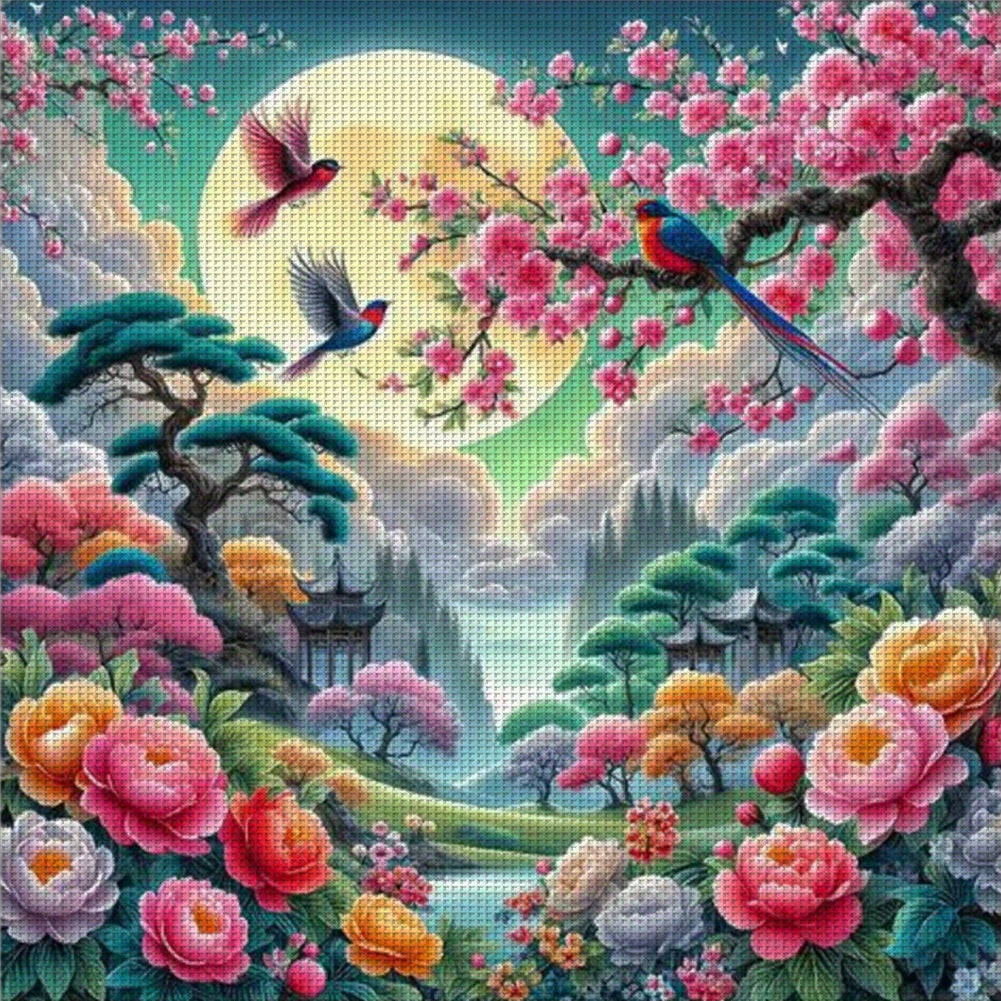 9CT Stamped Cross Stitch Kit - Spring Dance DIY Full Embroidery Canvas Art, Fantasy Nature Scenery Wall Decor with Vibrant Flowers & Birds, Ideal for Home & Office, Perfect Gift for Christmas, Anniversary, Housewarming, Craft
