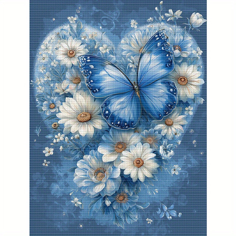 1pc DIY Cross Stitch Kit - 13, 8x17, 7in Frameless Fabric, 11CT Printed Design with Blue Butterfly & Floral Heart Pattern, Includes Threads for Home Wall Decor, Mother'S Day Gift, Crafting Supplies, Cross Stitch Kits for, Fan