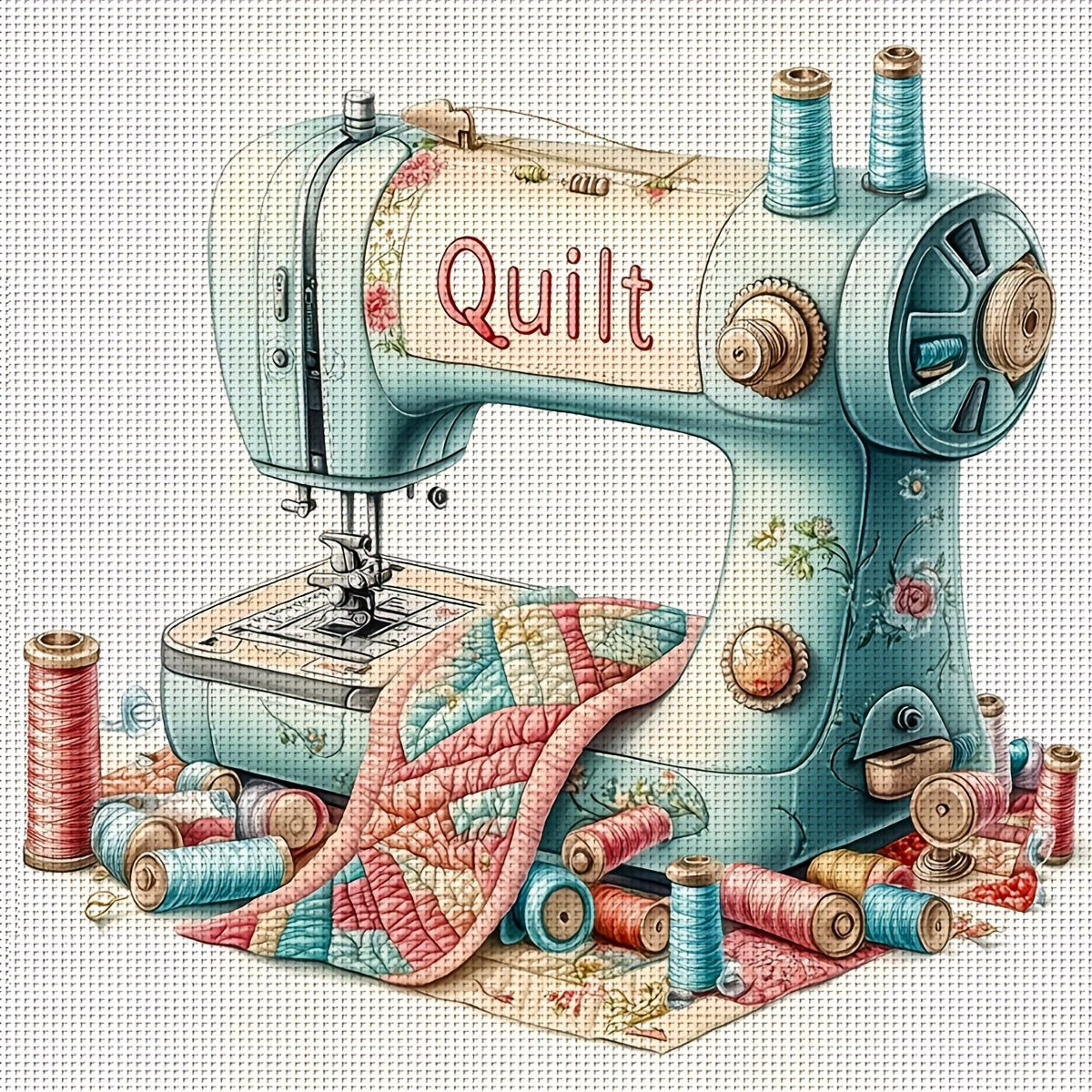 JOZYSH 1set 40x40cm/15.7x15.7Inch DIY Cross Stitch Kit Frameless, Beautiful sewing machine, stamped cross stitch kits, Embroidery Set for Home Decor, Includes Patterned Fabric & Threads, Perfect for Living Room Entrance or Be