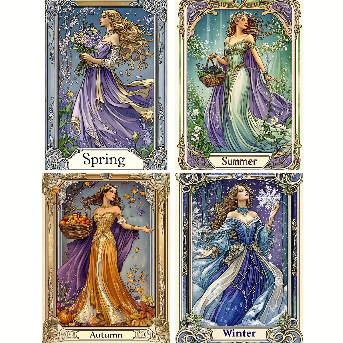 ZUOANLF 1 Set - 40x50cm/15.7x19.7in Fabric Cross Stitch DIY Kits, 11CT/14CT, Seasonal Goddess Designs (Spring, Summer, Autumn, Winter), All-Season Themes, Includes Printed Fabric, Needles, Threads, Patterns & Instructions - P