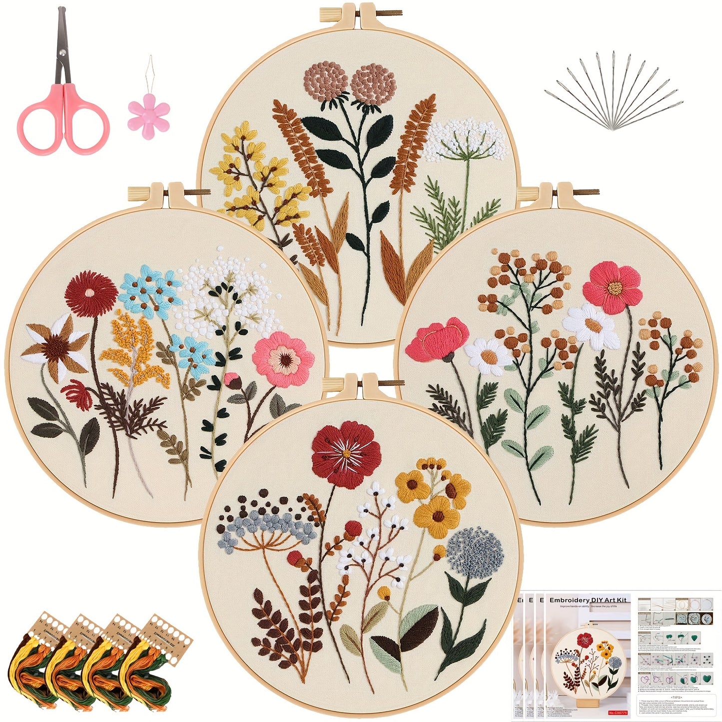 4pcs Embroidery Kit with Floral Pattern And Instructions Hoops Floss Threads Needles, 3 Pack Cross Stitch Kits Embroidery Starter Kit Hand Embroidery Kit for Beginners