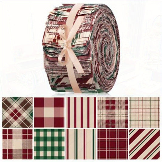 40pcs Vintage Christmas Fabric Jelly Roll - Long Strip Pre-Cut Quilted Patchwork Craft Fabric with Assorted Plaid, Gingham, Snowflake & Candy Cane Patterns in Red, Green, White, Brown - DIY Quilting, Doll Clothing & Handmade