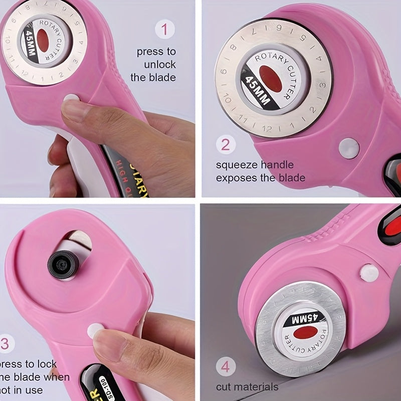 45mm Rotary Cutter Set with Pink Storage Bag, A4 Self-Healing Cutting Mat, Pink Acrylic Ruler, Quilting Roller Cutter and 5 Replacement Blades, Sewing Clips, Disappearing Marker, Suitable for Quilting, Crafting, Paper Craftin