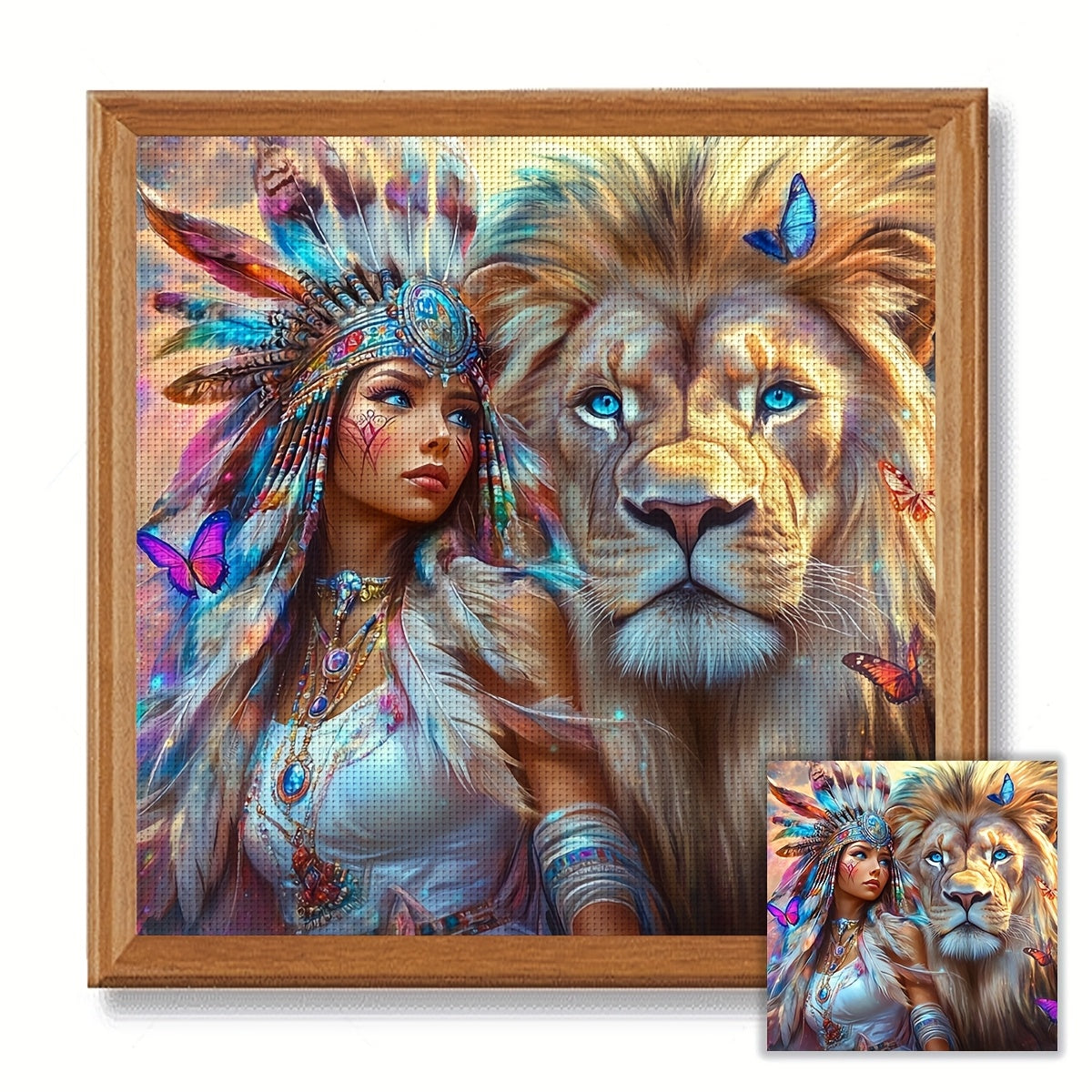 ZUOANLF 1set 50x50cm/19.7x19.7Inch DIY Cross Stitch Kit Frameless, The woman and the Lion, stamped cross stitch kits, Embroidery Set for Home Decor, Includes Patterned Fabric & Threads, Perfect for Living Room Entrance or Bed