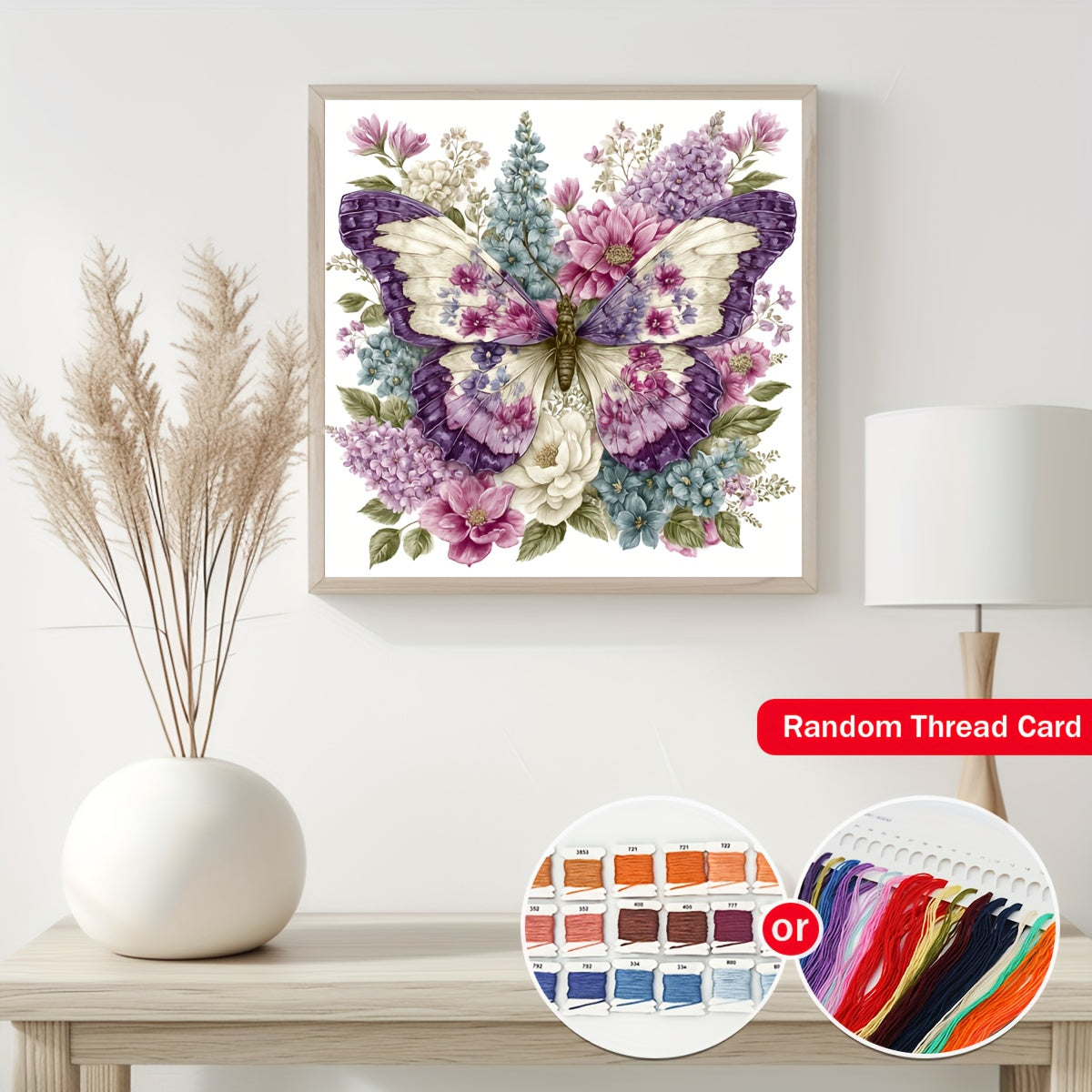 ZUOANLF 1set 40x40cm/15. 7x15. 7Inch DIY Cross Stitch Kit Frameless, Butterfly and Flowers, stamped cross stitch kits, Embroidery Set for Home Decor, Includes Patterned Fabric & Threads, Perfect for Living Room Entrance or Be
