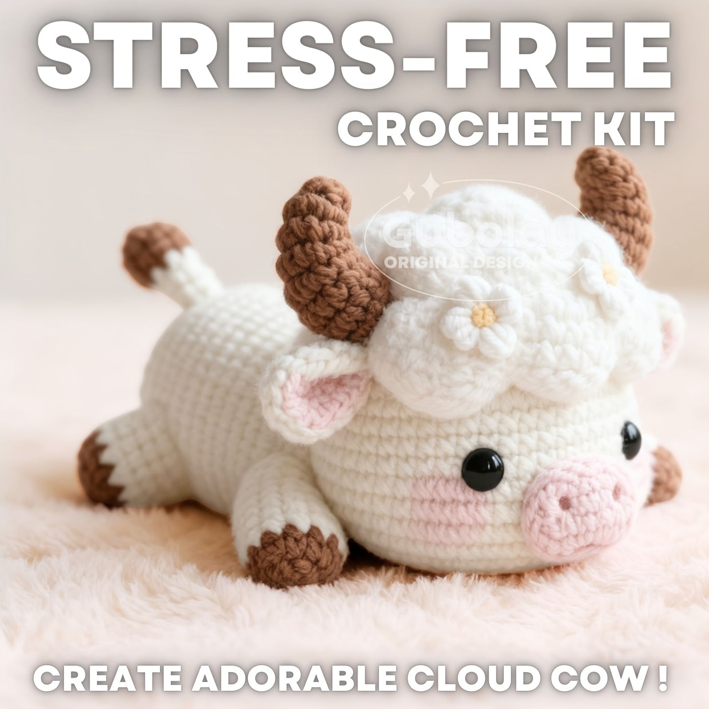 Cloud Cow Crochet Beginner Kit for Adults | Easy Craft Gift with Step-by-Step Instructions | Includes Soft Yarn, Hooks & Accessories | Cute Animal Doll Crochet Material Pack | Fun Design