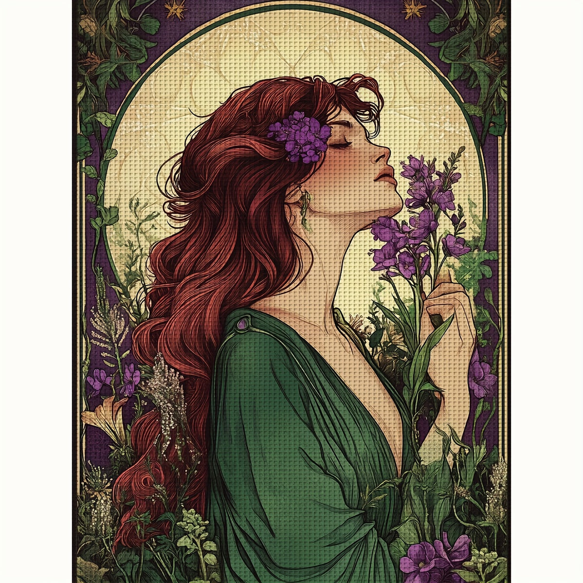 JOZYSH 1pc Lavender & Woman Cross Stitch Kit, 11CT/14CT Pre-Printed Fabric Pattern with Random Stitches, Ideal for Living Room, Entryway, Bedroom Decor - Romantic Red-Haired Woman with Lavender, 30x40cm/11.8x15.7in/40x50cm/15