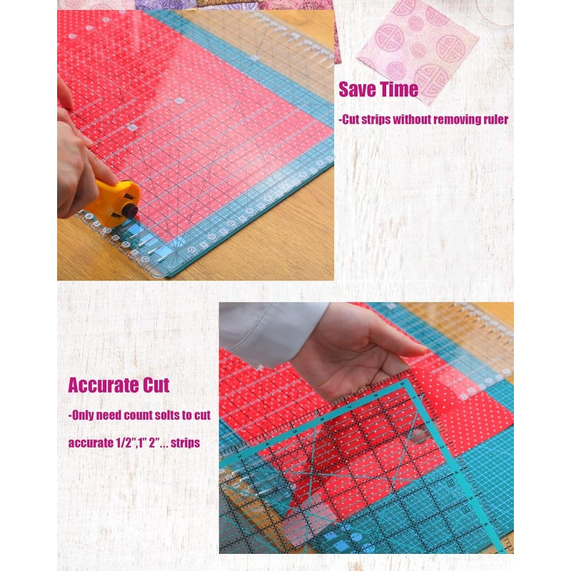 Large 12.5x12.5 Inch Quilting Ruler with Grip & 26-Slot Rotary Guide - Double-Sided 45°/60° Angle Markings, Non-Slip Grid for Fabric Cutting, Square/Strip/Ruler Templates (Compatible with Sewing Machines