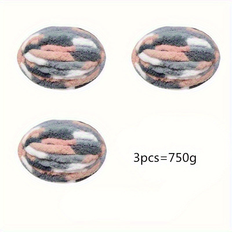 3pcs Set Super Bulky Thick Ice Yarn - Heavy-Duty Machine-Washable Chunky Braided/Ribbon Texture for DIY Knitting, Crocheting, Blankets, Hats, Scarves, Pet Beds - Gradient Color (Multicolor) Large-Scale Crafting