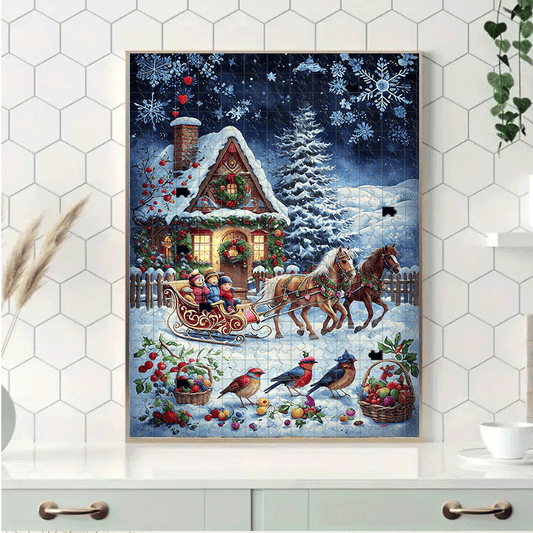 500/1000pcs Winter Village Jigsaw Puzzle for Adults & Families - Large-Scale Snowy Cottage, Sleigh & Horse-Drawn Carriage with 1000pcs (500 Optional) - Challenging Brain Teaser, Christmas/Birthday Gift, DIY Home Decor Puzzle
