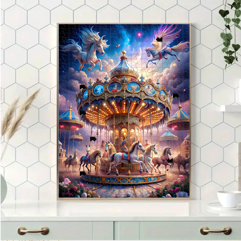 500/1000pcs Enchanted Carousel, & Magical Night Jigsaw Puzzle for Adults & - 2 Difficulty Levels, Portable Large Jigsaw Game with Glowing Stars, DIY Home Decor, Birthday/Christmas Gift (500 or 1000pcs), Christmas Window Stick