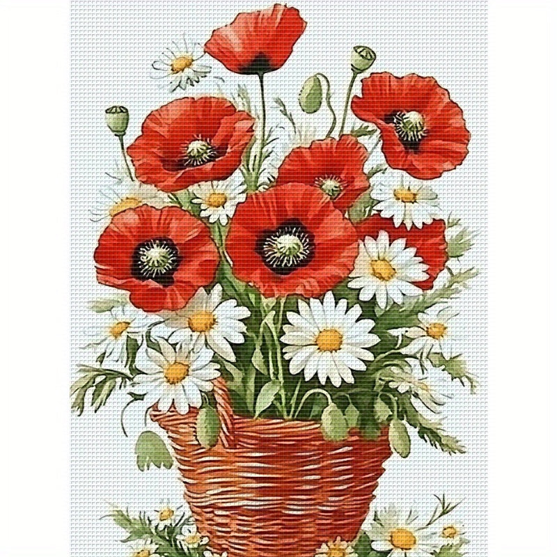 1pc DIY Floral Cross Stitch Kit - 13, 8x17, 7in Frameless Fabric, 11CT Printed Design with Red Poppies & Daisies, Includes Threads for Home Wall Decor, Mother'S Day Gift, Crafting & Sewing Supplies, Cross Stitch Kits for, Hom