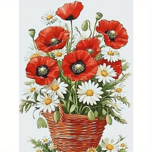 1pc DIY Floral Cross Stitch Kit - 13, 8x17, 7in Frameless Fabric, 11CT Printed Design with Red Poppies & Daisies, Includes Threads for Home Wall Decor, Mother'S Day Gift, Crafting & Sewing Supplies, Cross Stitch Kits for, Hom