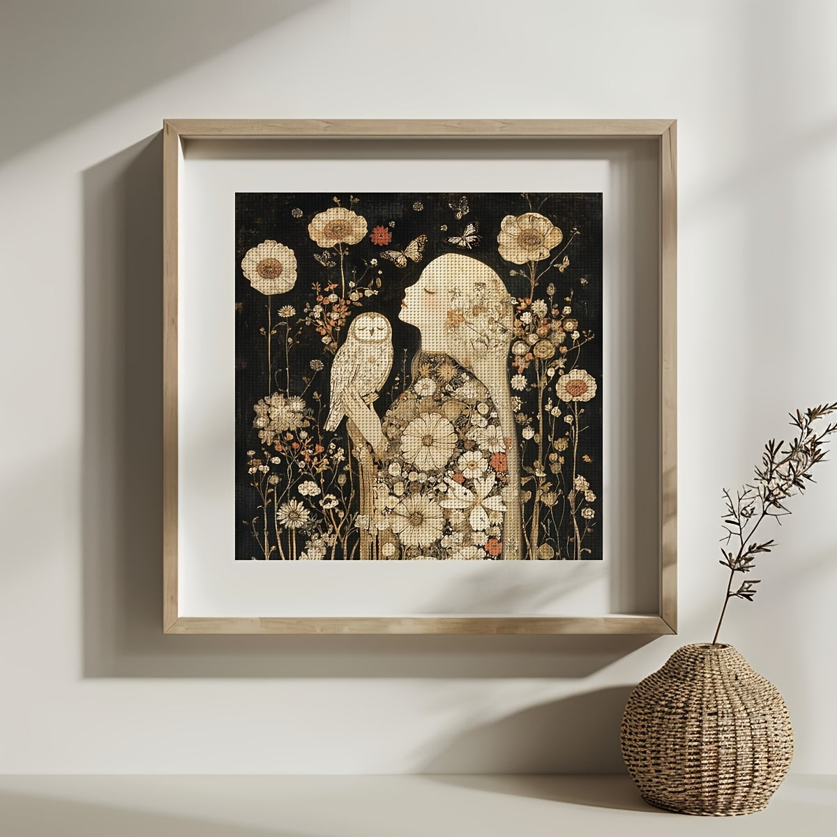 1pc 11x11" or 15.7x15.7" Unframed 11CT/14CT Printed Cross Stitch Kit - Owl & Girl Floral Design, All-Season Home Decor Wall Art, DIY Cross Stitch Materials with Printed Pattern, Threads, Needles & Instructions, Perfect Holida
