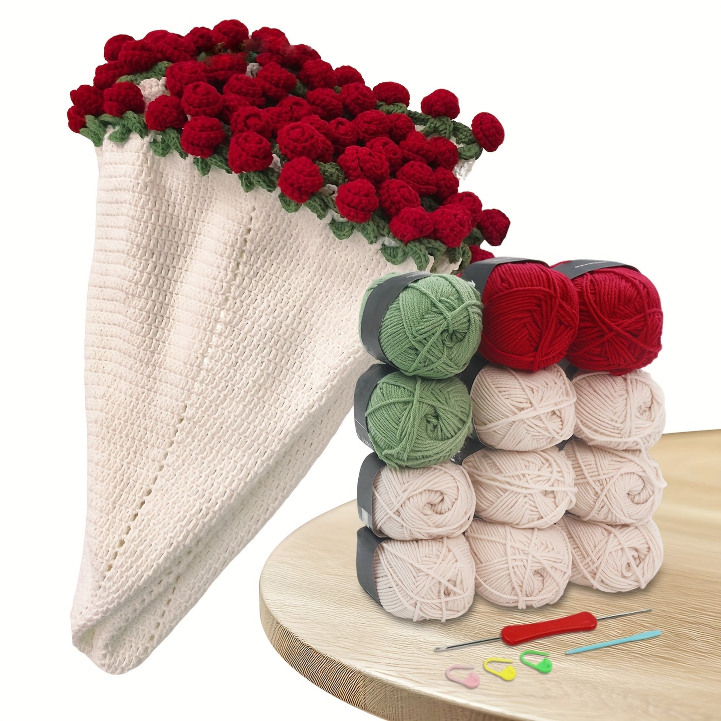 Complete DIY Crochet Flowers Bouquet Blanket Kit - 43-Inch Round Handmade Yarn Throw with 12 Yarn Balls, Crochet Hook & Tools for Beginners, Adults - All-Season Soft Knitting Craft (Pink/Red/Green) - Cozy Handmade Gift