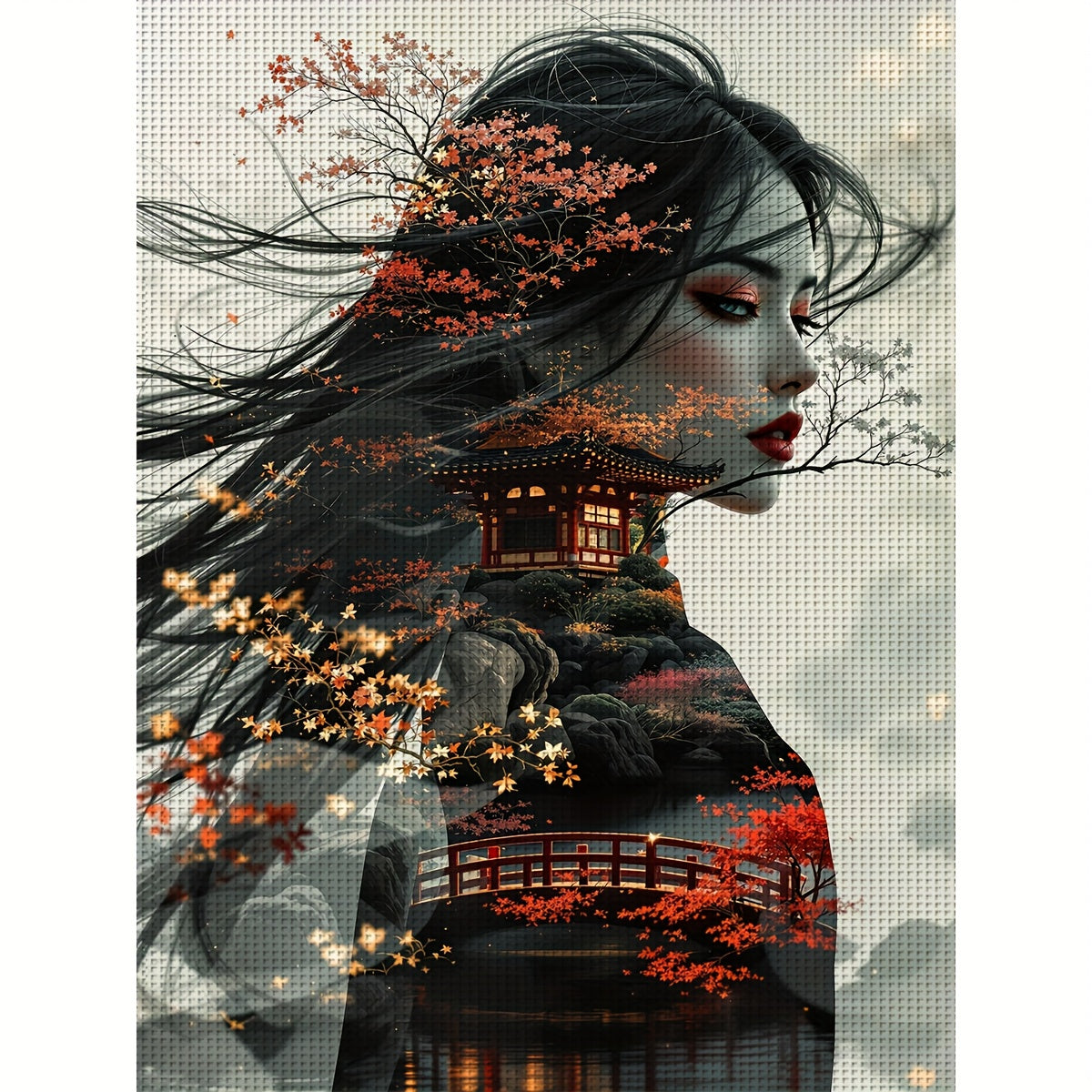 1pc Elegant Woman with Cherry Blossom Hair Design 11x15.7" DIY Cross Stitch Kit - Includes Canvas, Threads, Needle, Patterns & Instructions - Perfect for Beginners, Ideal for Home & Office Decor, Gift for Friends & Family, Re