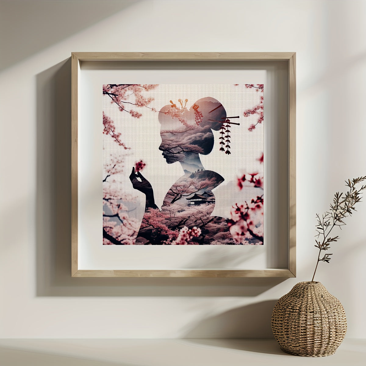 1 Set 11x11 Inch (30x30cm) DIY Cross Stitch Kit - "Woman with Cherry Blossoms" Design, Relaxing Adult Beginner Stitching Project, Includes Fabric, Threads, Patterns & Instructions - Perfect Gift for Friends & Family, Relaxing