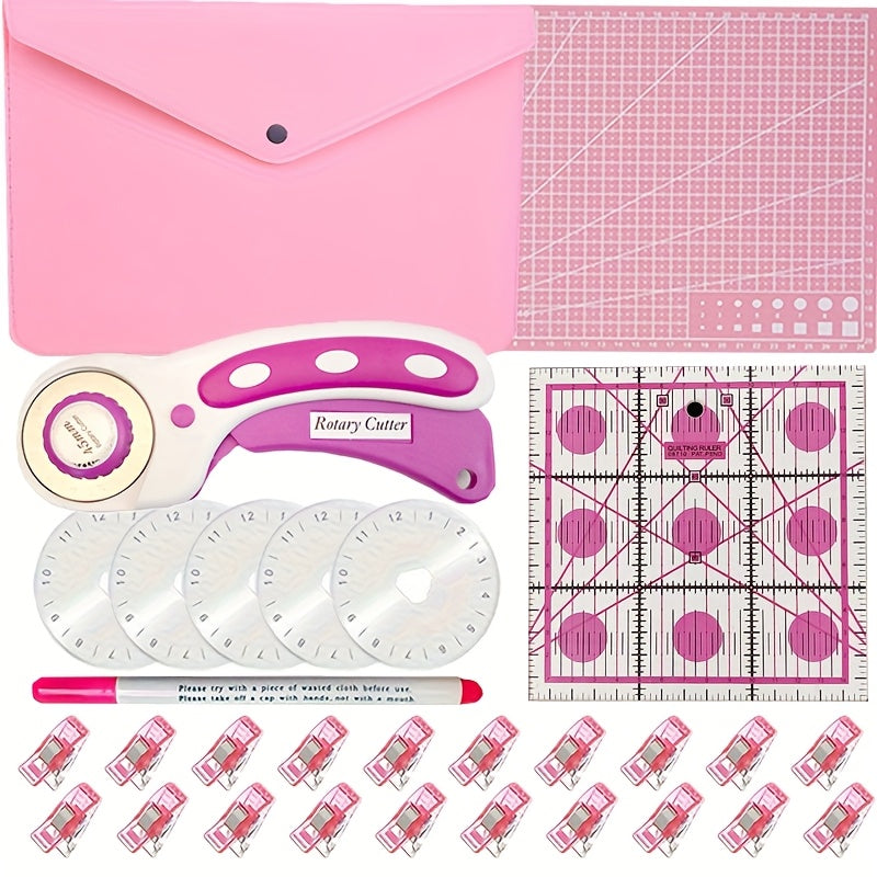45mm Rotary Cutter Set with Pink Storage Bag, A4 Self-Healing Cutting Mat, Pink Acrylic Ruler, Quilting Roller Cutter and 5 Replacement Blades, Sewing Clips, Disappearing Marker, Suitable for Quilting, Crafting, Paper Craftin
