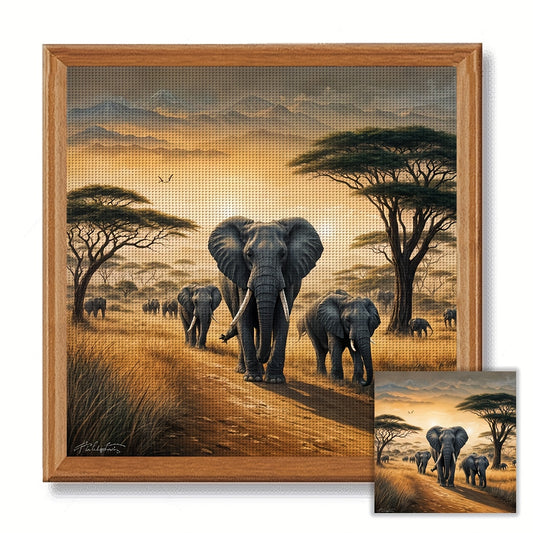 JOZYSH 1pc 40x40cm/15.7x15.7in Elephant Savanna Cross Stitch DIY Kit - 11CT/14CT Fabric, Ideal for Beginners, Perfect for Bedroom or Living Room Wall Decor, Includes Canvas, Needle, Thread, Pattern, and Instructions, Relaxing