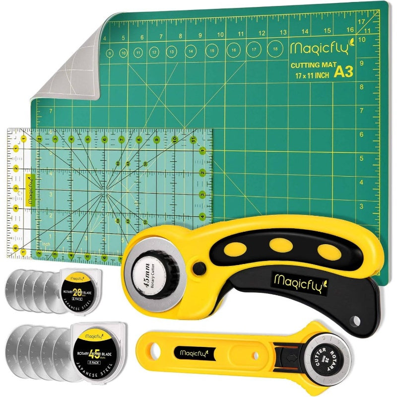 Complete Rotary Cutter Set with 45mm & 28mm Fabric Cutters, A3 Self-Healing & 12x6 Inch Quilting Ruler - Heavy-Duty Double-Sided Cutting Board for Quilting, Sewing, Fabric Crafting Kit with 10 Blades (for hobbyists & Professi