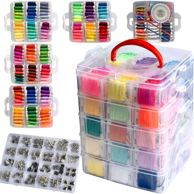 301 Embroidery Floss Set Including Cross Stitch Threads Friendship Bracelet String with 5-Tier Transparent Box, Floss Bobbins and Cross Stitch Kits, Cross Stitch Supplies Organizer, Craft Supply Organization, Cross Stitch Thr