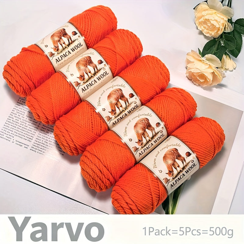 1 Pack (5 Balls) 500g Alpaca Wool Yarn - Thick Warm Winter Knitting Fiber, Alpaca Wool Yarn for DIY Hand-Knitting Scarves, Hats, Sweaters, Multi-Color (Brown/White/Black/Gray/Tan) - Perfect Gift for Crafters & Cold Weather