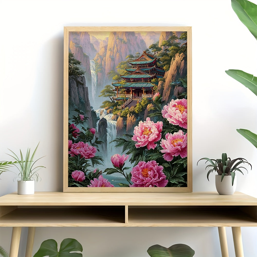 DIY Cross Stitch Kit - Vibrant Mountain Landscape with Pagoda & Cherry Blossoms, 11CT Embroidery Set with Pre-Printed Canvas, Needles, Threads, and Instructions, Complete Craft Supplies for Beginners, Embroidery Kit|Scenic Em