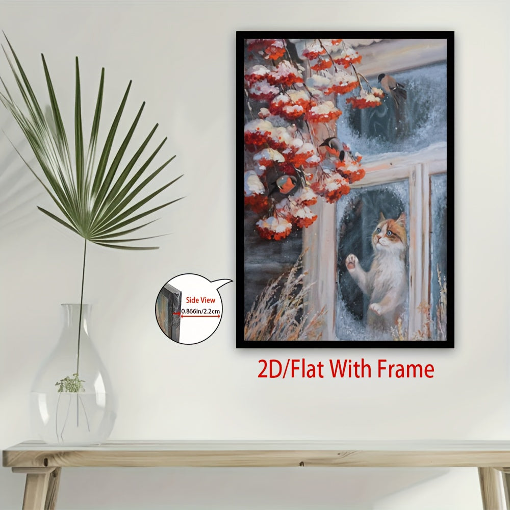 2D Flat, Framed Cat & Birds Winter Window Scene Canvas - Modern Classic Vertical Wall Art with White Kitten & Red Berries, Cozy Snowy Home Décor for Living Room, 2D Flat, Christmas Cross Stitch Kits, Christmas Wall Art, Chri