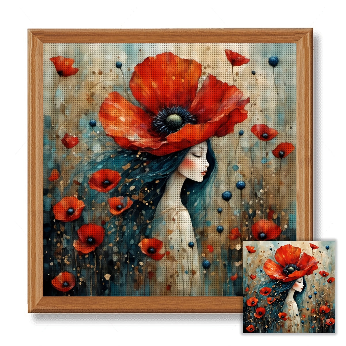 JOZYSH 1pc 11x11in Cross Stitch DIY Kit - Vibrant Woman with Poppy Flower Design, Includes Canvas, Threads, Needle & Instructions - Ideal for Beginners, Perfect for Bedroom or Living Room Wall Decor, Relaxing Hobby Gift, Begi