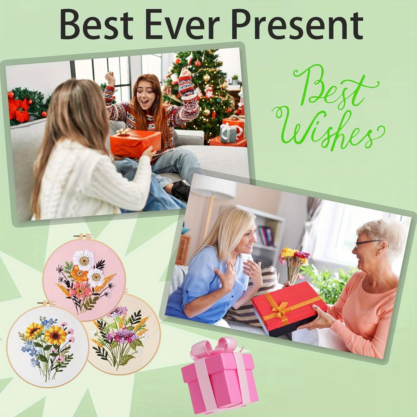 Ohcol 3 Sets Embroidery Kit for Beginners Cross Stitch Kits Needlepoint Kits Crafts for Adults with 3 Embroidery Hoops Easy-to-Follow Operating Instructions, Needle Point Kits with Flowers Patterns